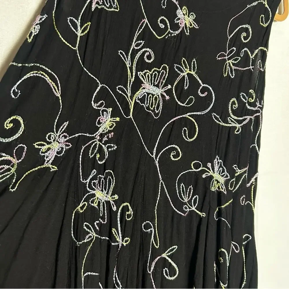 Vtg Angel Pastel Rainbow Embroidered Butterfly Flower‎ Black Knee Length Dress